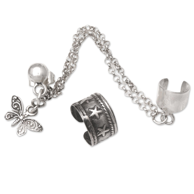 Ear cuff de plata de primera ley - Ear Cuff de Plata de Ley con Motivo de Mariposa