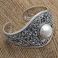 Cultured pearl cuff bracelet, 'Overflow of Love' - Cultured Pearl and Sterling Silver Cuff Bracelet