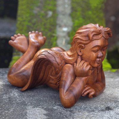 Wood sculpture, 'Daydreaming Angel' - Hand Carved Suar Wood Angel Sculpture