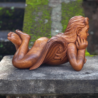 Wood sculpture, 'Daydreaming Angel' - Hand Carved Suar Wood Angel Sculpture