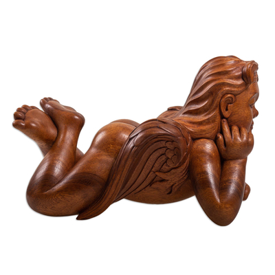 Wood sculpture, 'Daydreaming Angel' - Hand Carved Suar Wood Angel Sculpture
