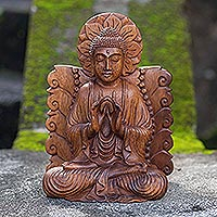 Wood sculpture, 'Perfect Peace' - Handmade Suar Wood Meditating Sculpture