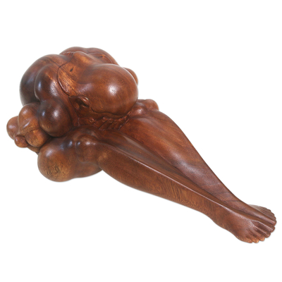 Wood sculpture, 'Unknown Sorrow' - Artisan Crafted Suar Wood Figure Sculpture