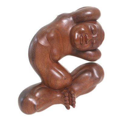 Wood sculpture, 'Limber Monk' - Handmade Suar Wood Monk Sculpture