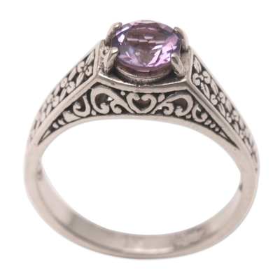 Amethyst solitaire ring, 'Imperial Flowers' - Amethyst and Sterling Silver Solitaire Ring