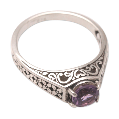 Amethyst solitaire ring, 'Imperial Flowers' - Amethyst and Sterling Silver Solitaire Ring