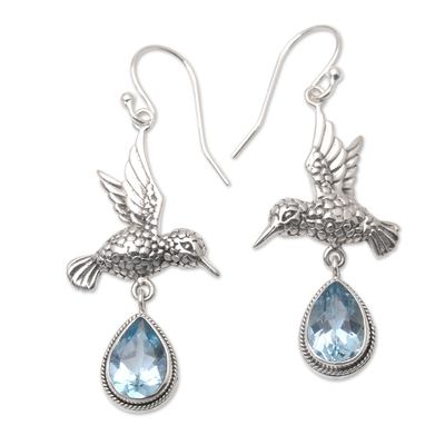 Blue topaz dangle earrings, 'Hummingbird Gift in Blue' - Blue Topaz Hummingbird Dangle Earrings