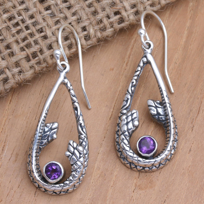 Amethyst dangle earrings, 'Garter Snake in Purple' - Amethyst Dangle Earrings with Snake Motif