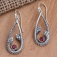 Garnet dangle earrings, 'Garter Snake in Red' - Garnet and Sterling Silver Snake Earrings
