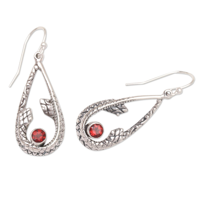 Garnet dangle earrings, 'Garter Snake in Red' - Garnet and Sterling Silver Snake Earrings