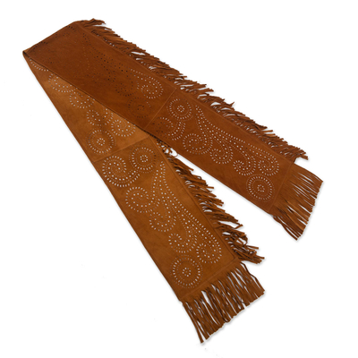 Leather scarf, 'Desert Landscape' - Fringed Suede Leather Scarf from Bali
