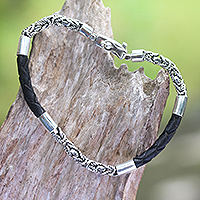 Men's leather accented sterling silver chain bracelet, 'Live Dangerously' - Men's Sterling Silver Chain Bracelet with Leather Accent