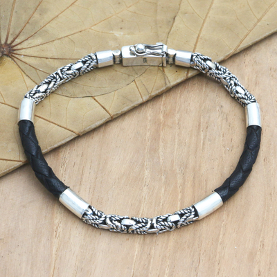 Pulsera de cadena de plata esterlina con detalles de cuero para hombre - Brazalete de cadena de plata esterlina para hombre con detalle de cuero