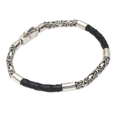 Men's leather accented sterling silver chain bracelet, 'Live Dangerously' - Men's Sterling Silver Chain Bracelet with Leather Accent