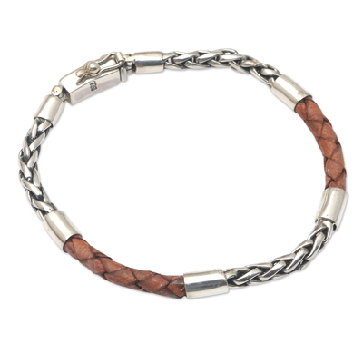 Men's leather accented sterling silver chain bracelet, 'Charming Man in Brown' - Men's Brown Leather and Sterling Silver Bracelet