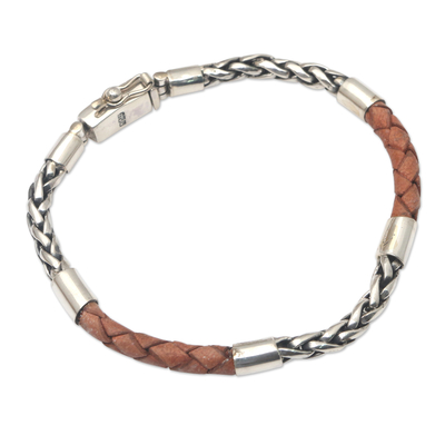 Men's leather accented sterling silver chain bracelet, 'Charming Man in Brown' - Men's Brown Leather and Sterling Silver Bracelet