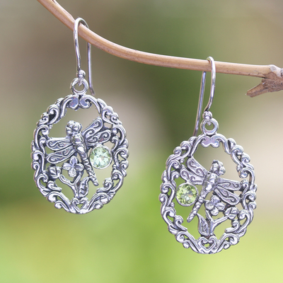 Peridot dangle earrings, 'Spring Wings' - Peridot Dragonfly Dangle Earrings from Bali