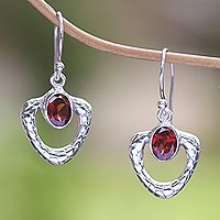 Garnet dangle earrings, 'Blazing Heart' - Garnet and Sterling Silver Dangle Earrings