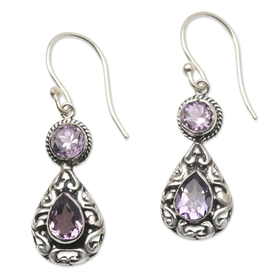 Amethyst dangle earrings, 'Nevermore' - Balinese Amethyst and Sterling Silver Dangle Earrings