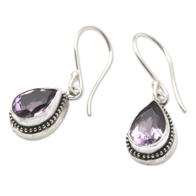 Amethyst dangle earrings, 'Cool Drop' - Handcrafted Sterling Silver and Amethyst Dangle Earrings
