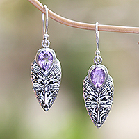Amethyst dangle earrings, 'Dragonfly Days' - Amethyst Dragonfly Dangle Earrings from Bali