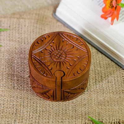 Wood puzzle box, 'Bright Sunshine' - Wood Puzzle Box with Sun Engraving