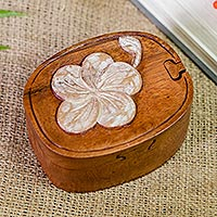 Wood puzzle box, 'Soft Frangipani' - Hand-Painted Suar Wood Puzzle Box