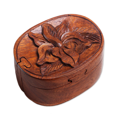 Wood puzzle box, 'Autumn Hibiscus' - Hand Carved Hibiscus Flower Puzzle Box