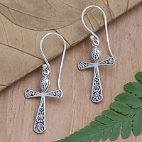 Sterling silver dangle earrings, 'Cross of Trust' - Sterling Silver Dangle Earrings with Cross Motif