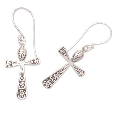 Sterling silver dangle earrings, 'Cross of Trust' - Sterling Silver Dangle Earrings with Cross Motif