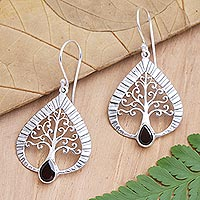 Garnet dangle earrings, 'Tropical Tree' - Garnet and Sterling Silver Tree of Life Earrings