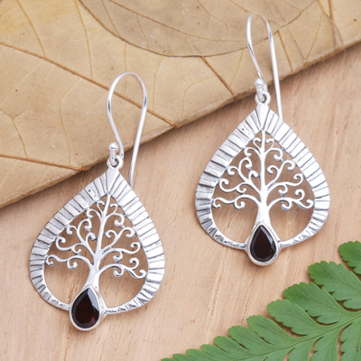 Garnet dangle earrings, 'Tropical Tree' - Garnet and Sterling Silver Tree of Life Earrings