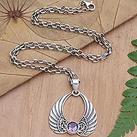 Amethyst pendant necklace, 'Wings of Eternity' - Amethyst Pendant Necklace with Wing Motif