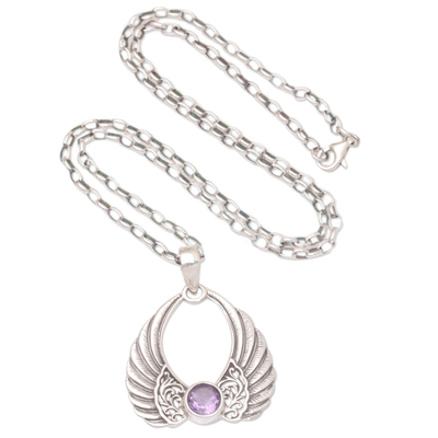 Amethyst pendant necklace, 'Wings of Eternity' - Amethyst Pendant Necklace with Wing Motif