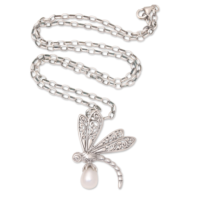 Cultured pearl pendant necklace, 'Dragonfly's Lantern' - Cultured Pearl Dragonfly Pendant Necklace