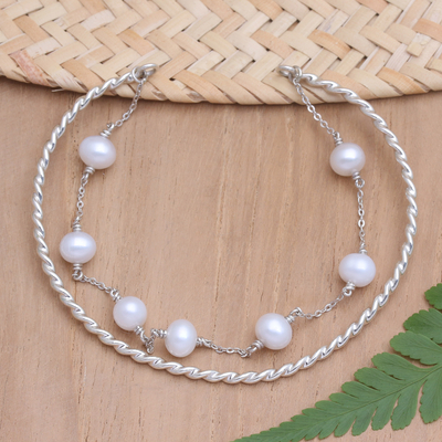 Cultured pearl cuff bracelet, 'Unbroken Chain' - Hand Crafted Cultured Pearl Cuff Bracelet