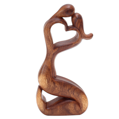 Wood statuette, 'Hold Me' - Romantic Suar Wood Statuette from Bali