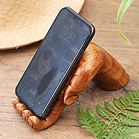 Wood phone stand, 'Take My Hand' - Hand Carved Jempinis Wood Phone Stand