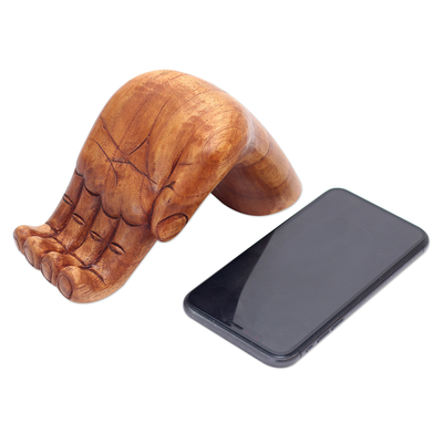 Wood phone stand, 'Take My Hand' - Hand Carved Jempinis Wood Phone Stand