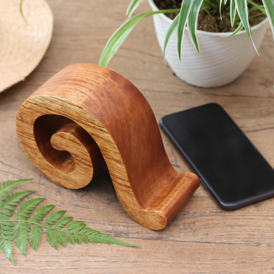 Telefonständer aus Holz, 'Mood Music' - Holztelefonständer mit Musikmotiven aus Bali