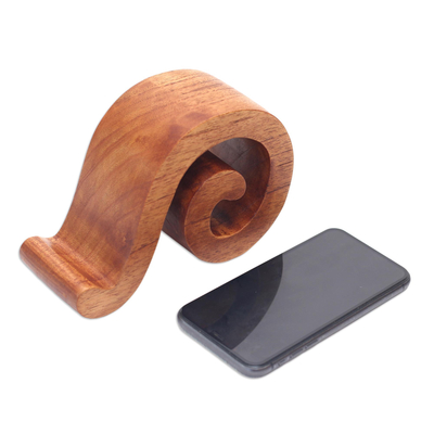 Wood phone stand, 'Mood Music' - Music-Themed Wood Phone Stand from Bali