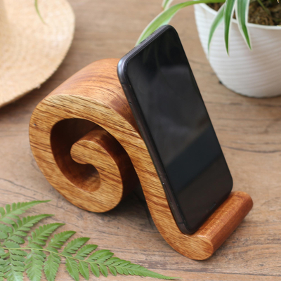 Wood phone stand, 'Mood Music' - Music-Themed Wood Phone Stand from Bali