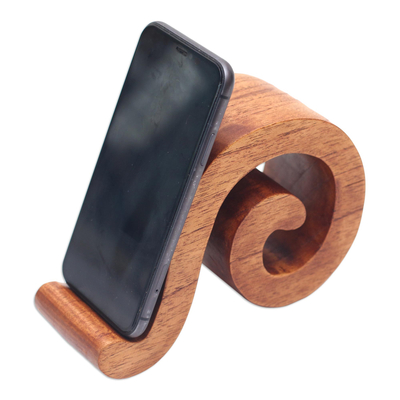 Telefonständer aus Holz, 'Mood Music' - Holztelefonständer mit Musikmotiven aus Bali