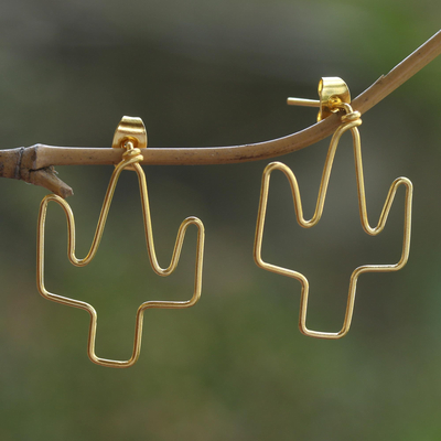 Gold-plated drop earrings, 'Cactus Party' - Gold-Plated Cactus Drop Earrings from Bali
