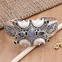 Multi-gemstone cuff bracelet, 'Moon Children' - Rainbow Moonstone and Blue Topaz Cuff Bracelet