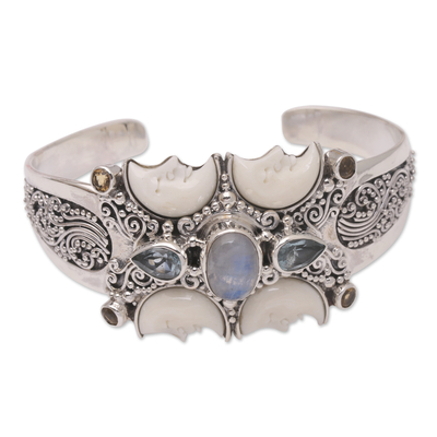 Multi-gemstone cuff bracelet, 'Moon Children' - Rainbow Moonstone and Blue Topaz Cuff Bracelet