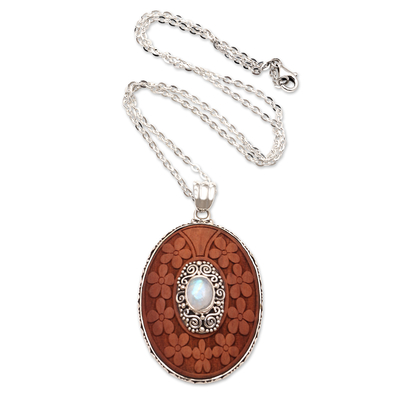 Rainbow moonstone pendant necklace, 'Portrait of a Lady' - Rainbow Moonstone Pendant Necklace with Floral Motif