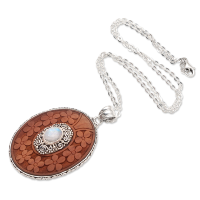 Rainbow moonstone pendant necklace, 'Portrait of a Lady' - Rainbow Moonstone Pendant Necklace with Floral Motif