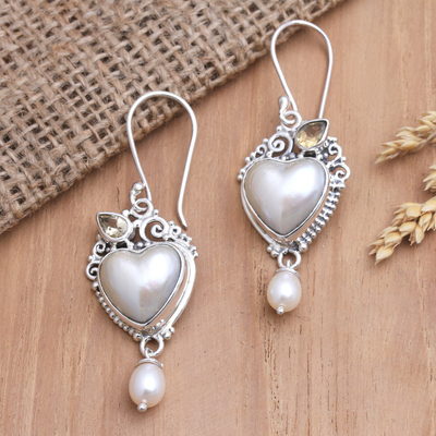 Pendientes colgantes de perlas cultivadas y citrinos - Aretes colgantes de perlas Mabe cultivadas con motivo de corazón