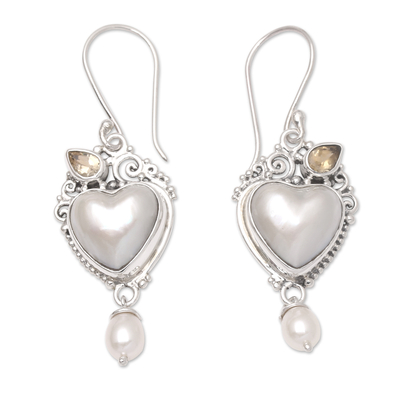 Cultured pearl and citrine dangle earrings, 'Love from Above' - Cultured Mabe Pearl Dangle Earrings with Heart Motif